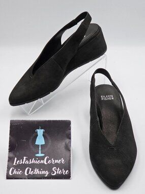 Eileen Fisher Womens Black Nubuck Leather Devi Tumbled Slingback Shoes Sz 6 2917